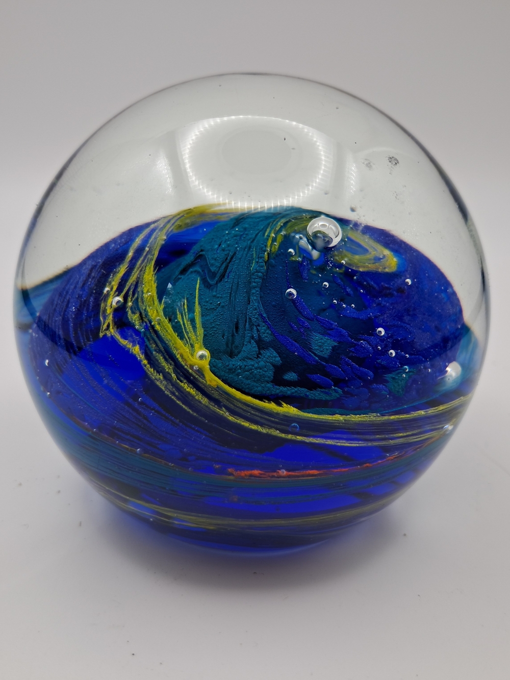 Vintage Art Glass Paperweight Swirl Ocean Wave Cobalt Blue Teal Yellow 3"